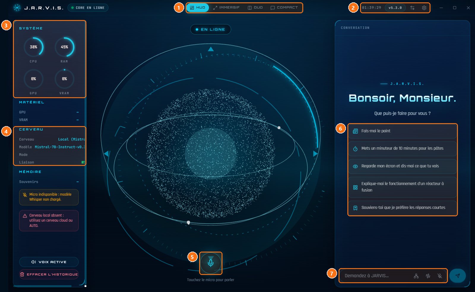 JARVIS : L'écran principal (disposition HUD)