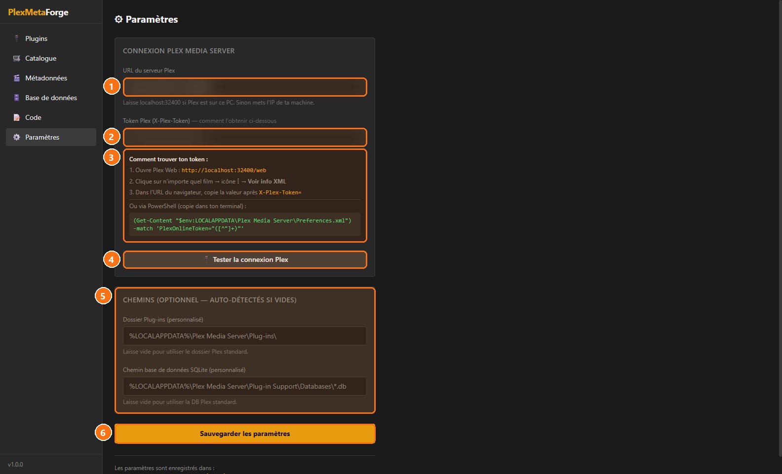PlexMetaForge : Paramètres : relier votre serveur Plex