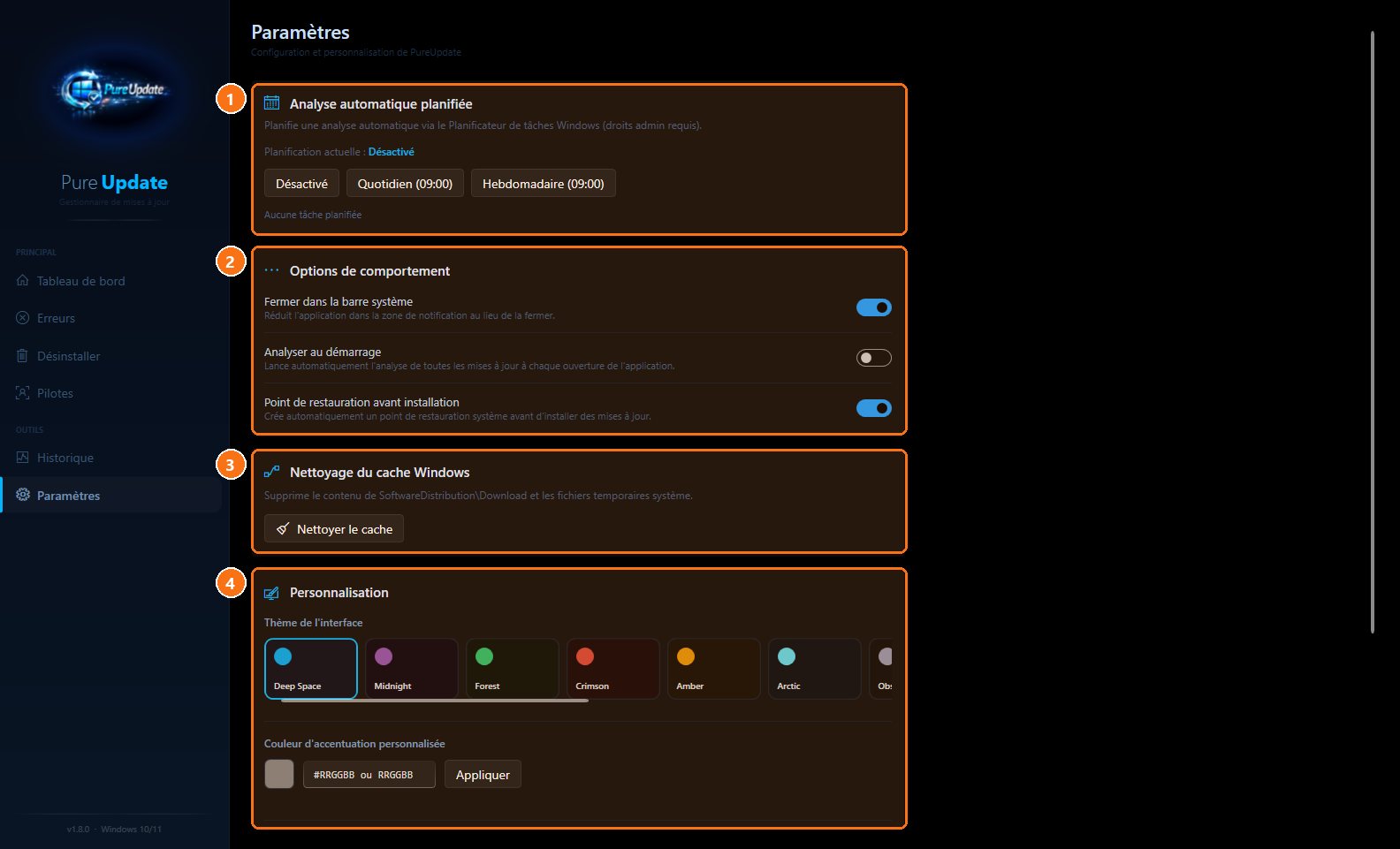 PureUpdate : Les paramètres